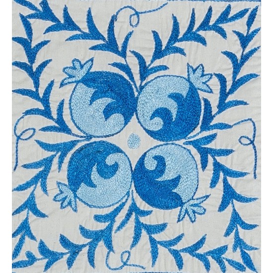 New Silk Hand Embroidery Suzani Textile Cushion Cover, Decorative Uzbek Lace Pillow Cover in Cream & Blue