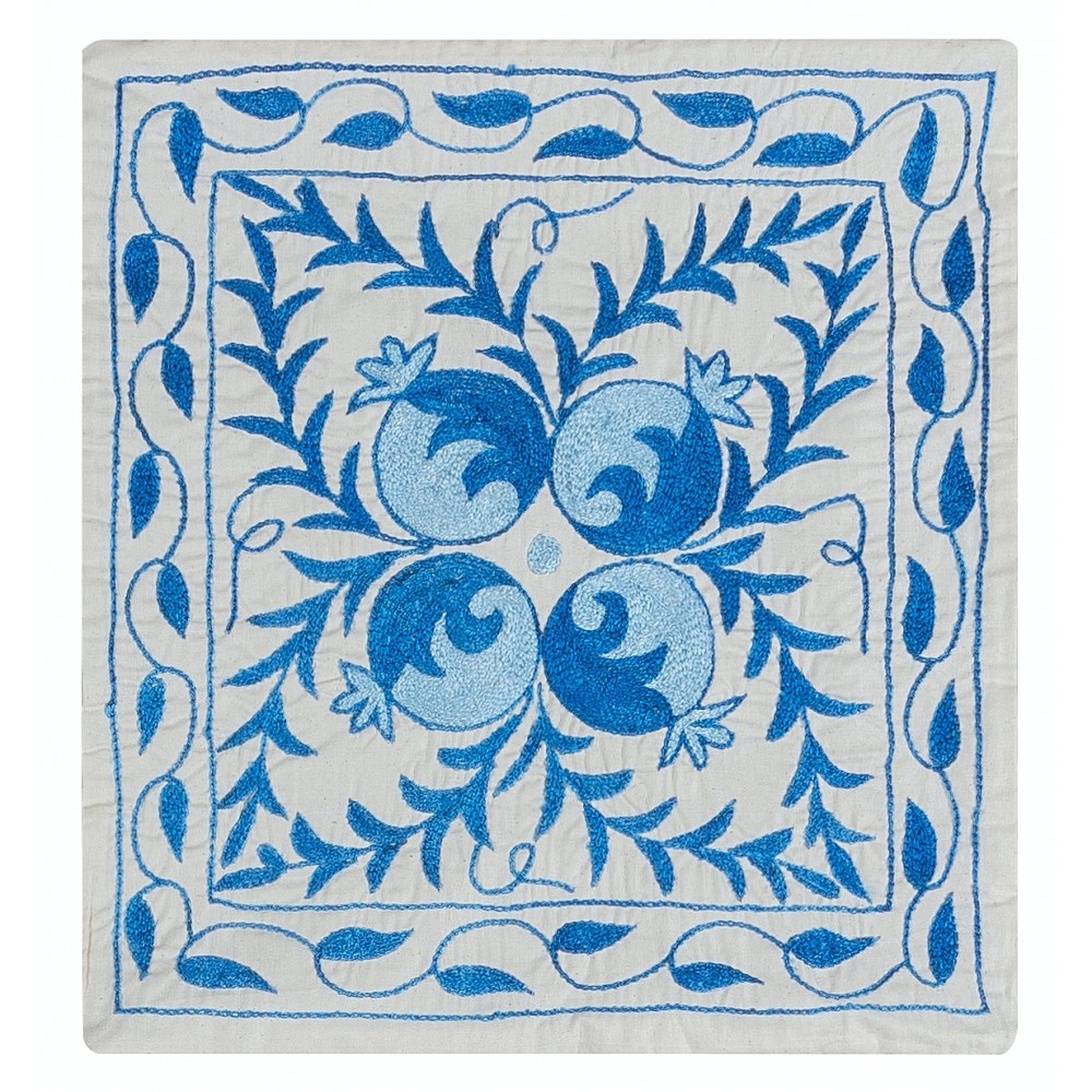 New Silk Hand Embroidery Suzani Textile Cushion Cover, Decorative Uzbek Lace Pillow Cover in Cream & Blue