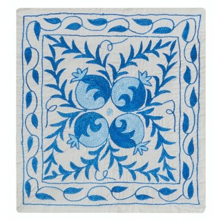 Silk Hand Embroidery Cushion Cover. Traditional Accent Pillow Cover in Cream & Blue. Uzbek Throw Pillow