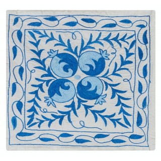 Silk Hand Embroidery Cushion Cover. Traditional Uzbek Suzani Accent Pillow Cover in Cream and Blue Colors