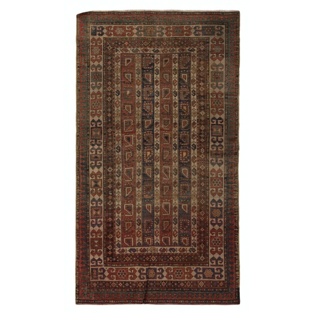 Rare Antique Karabagh Kazak Rug With Diagonal Stripes and Botehs, Ca 1860 Rare Antique Karabagh Kazak Rug With Diagonal Stripes and Botehs, Ca 1860