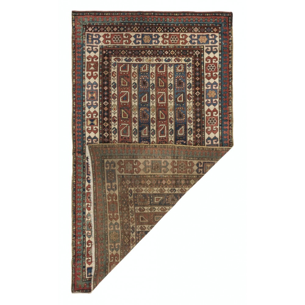 Rare Antique Karabagh Kazak Rug With Diagonal Stripes and Botehs, Ca 1860 Rare Antique Karabagh Kazak Rug With Diagonal Stripes and Botehs, Ca 1860