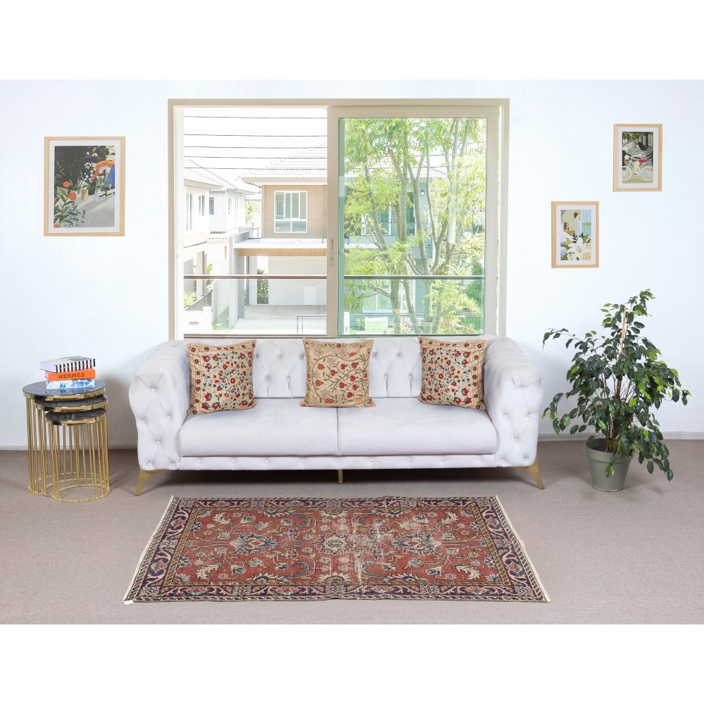Vintage Handmade Turkish Red Wool Accent Rug with Floral Design for Home and Office Decor
