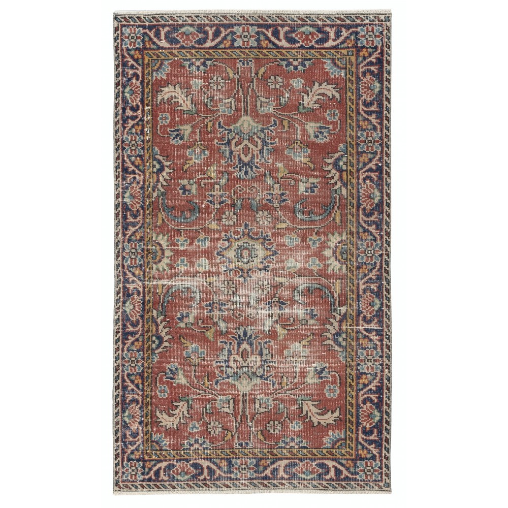 Vintage Handmade Turkish Red Wool Accent Rug with Floral Design for Home and Office Decor