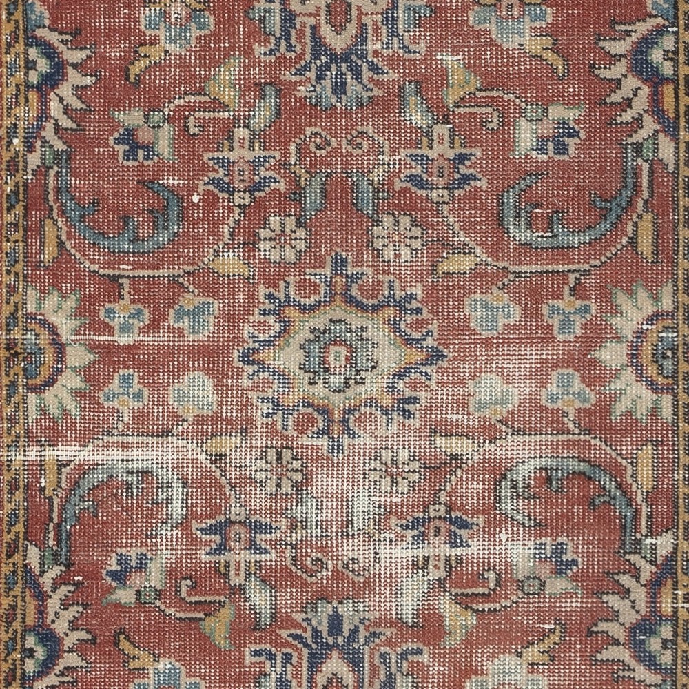 Vintage Handmade Turkish Red Wool Accent Rug with Floral Design for Home and Office Decor