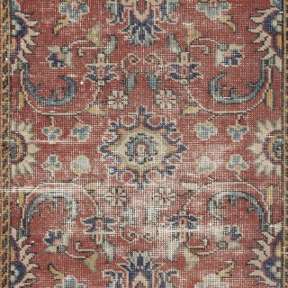 Vintage Handmade Turkish Red Wool Accent Rug with Floral Design for Home and Office Decor