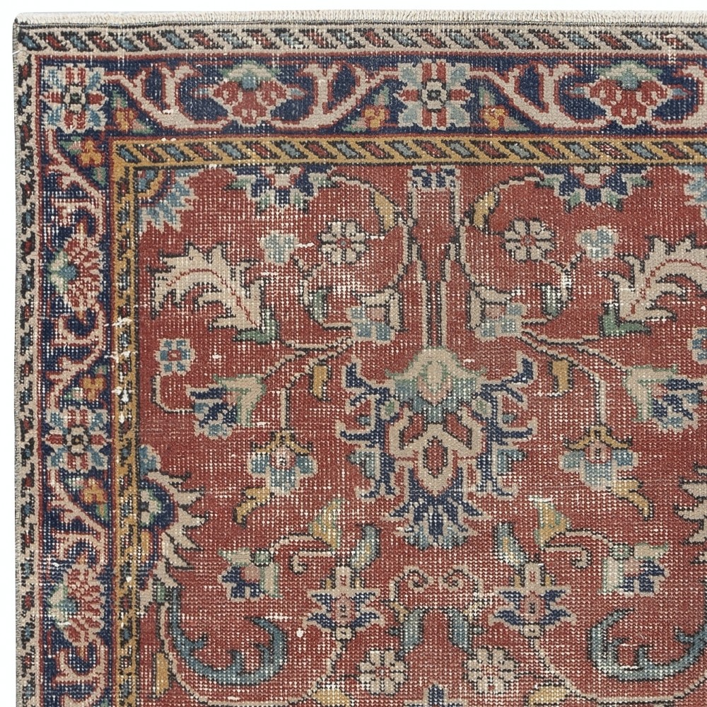 Vintage Handmade Turkish Red Wool Accent Rug with Floral Design for Home and Office Decor