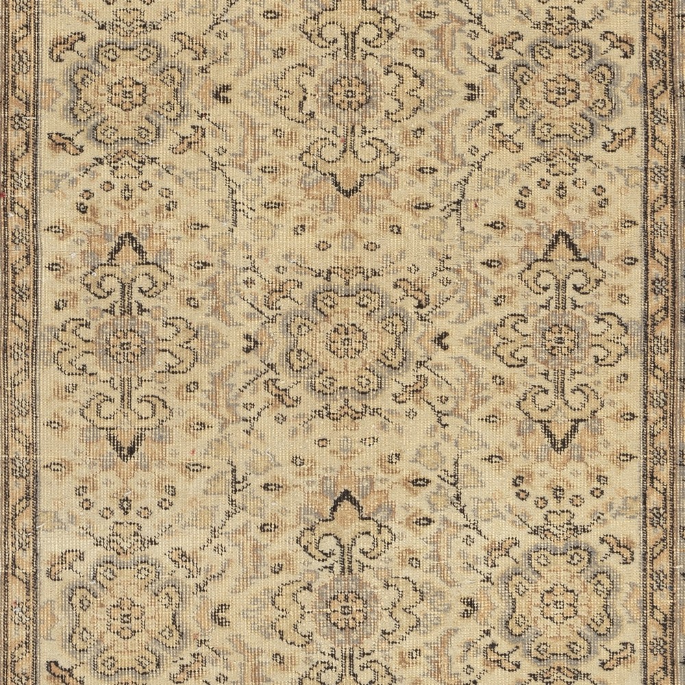 Vintage Floral Design Wool Accent Rug. Beige Handmade Turkish Small Rug for Country Style Decoration