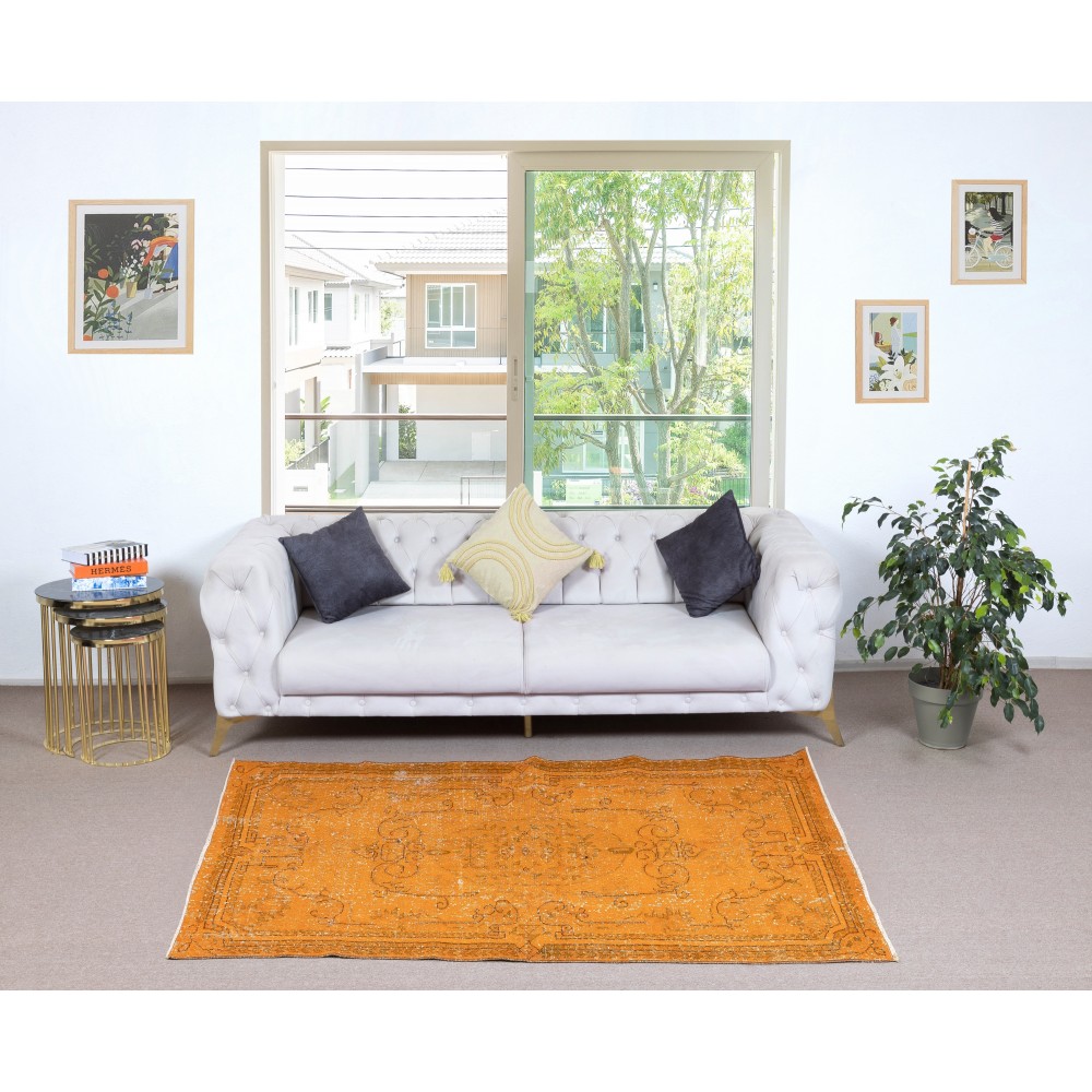 Hand-knotted Vintage Turkish Wool Area Rug Overdyed in Orange for Modern Interiors Hand-knotted Vintage Turkish Wool Area Rug Overdyed in Orange for Modern Interiors