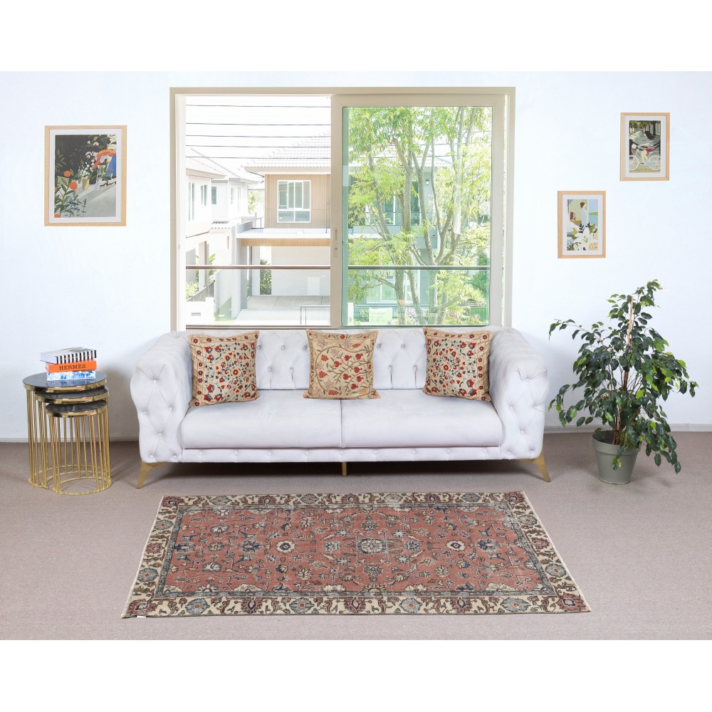 Vintage Handmade Turkish Red Wool Accent Rug with Floral Design for Home and Office Decor