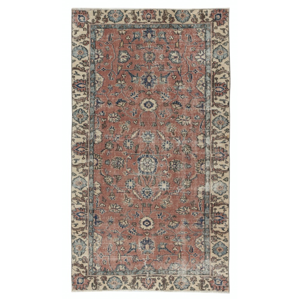 Vintage Handmade Turkish Red Wool Accent Rug with Floral Design for Home and Office Decor