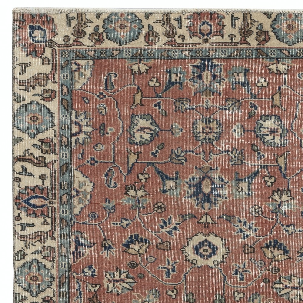 Vintage Handmade Turkish Red Wool Accent Rug with Floral Design for Home and Office Decor