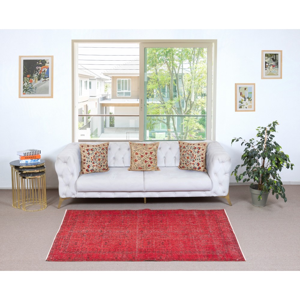 Modern Turkish Wool Rug. Vintage Red Overdyed Handmade Area Rug Modern Turkish Wool Rug. Vintage Red Overdyed Handmade Area Rug