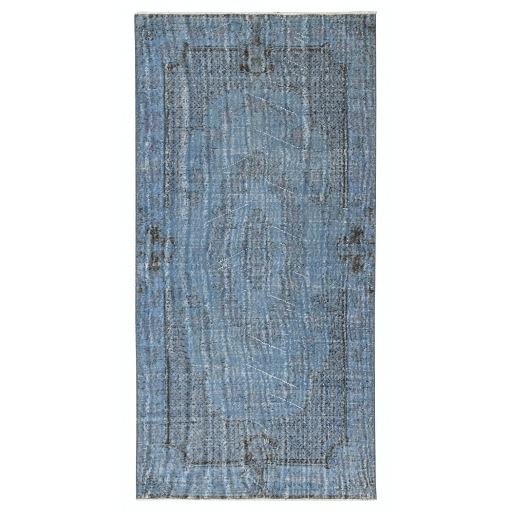 Vintage Turkish Wool Area Rug Overdyed in Blue. Handmade Modern Living Room Rug
