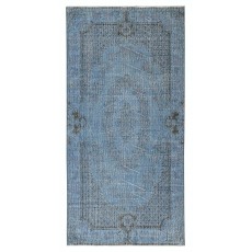 Vintage Turkish Wool Area Rug Overdyed in Blue. Handmade Modern Living Room Rug