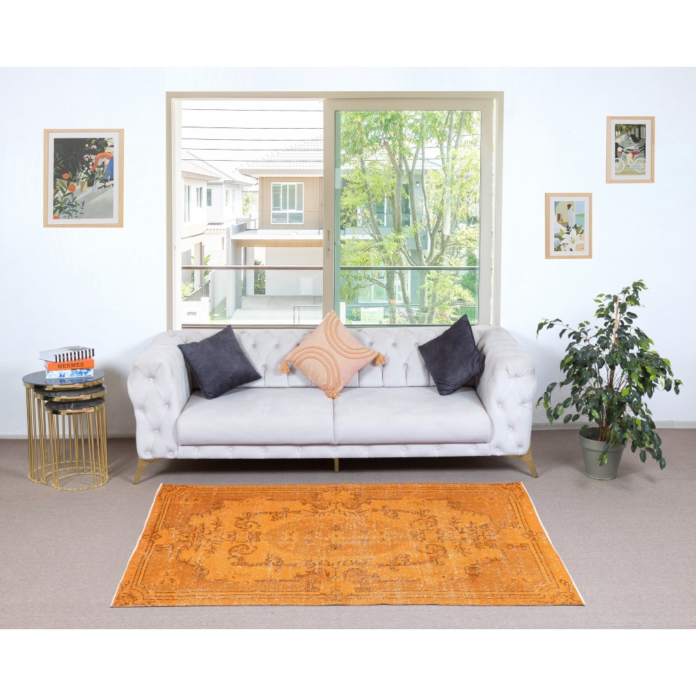 Orange Redyed Vintage Wool Rug for Modern Interiors. Handknotted and Handwoven in Turkey