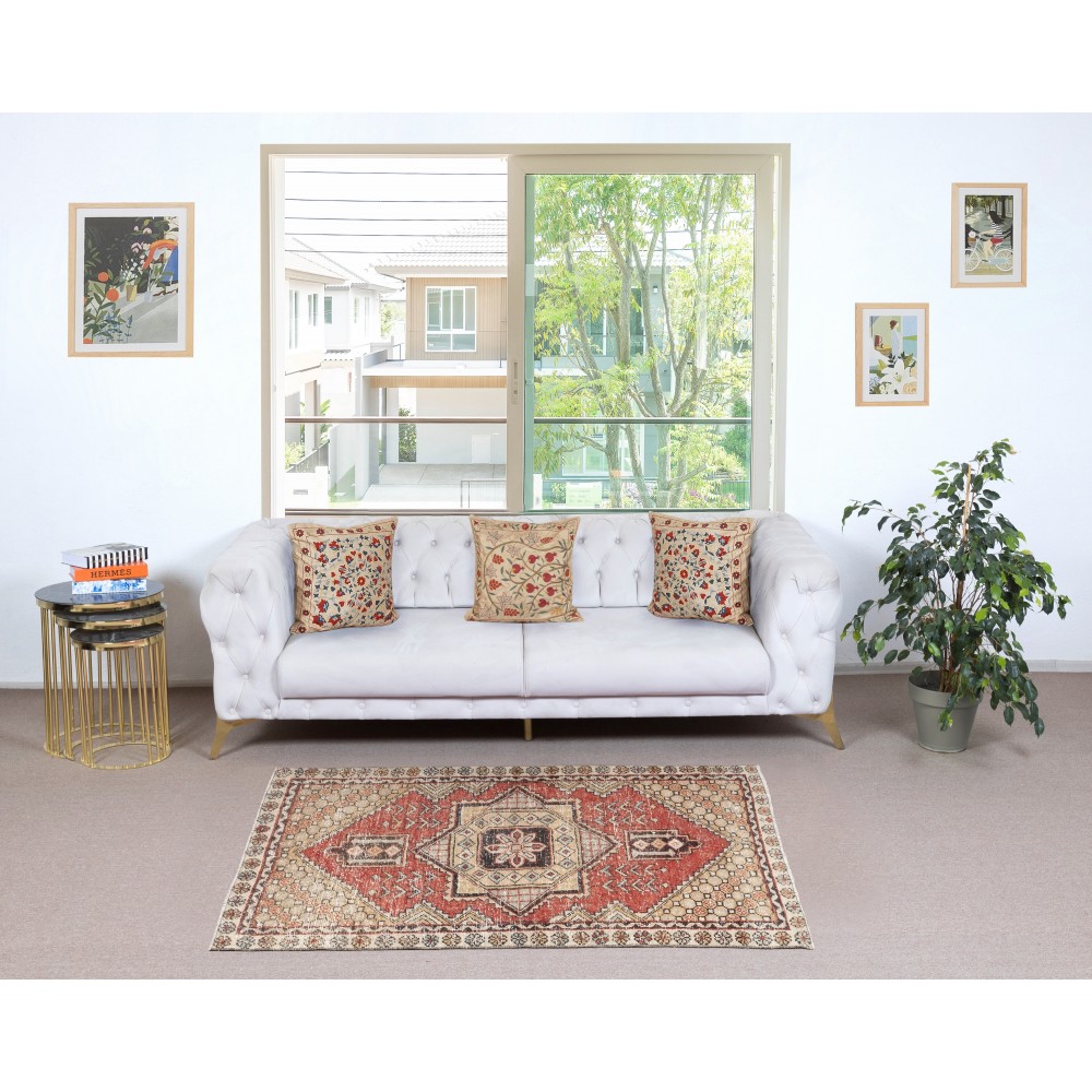 Vintage Turkish Accent Rug. Hand-Knotted in Turkey. Beige and Red Colors