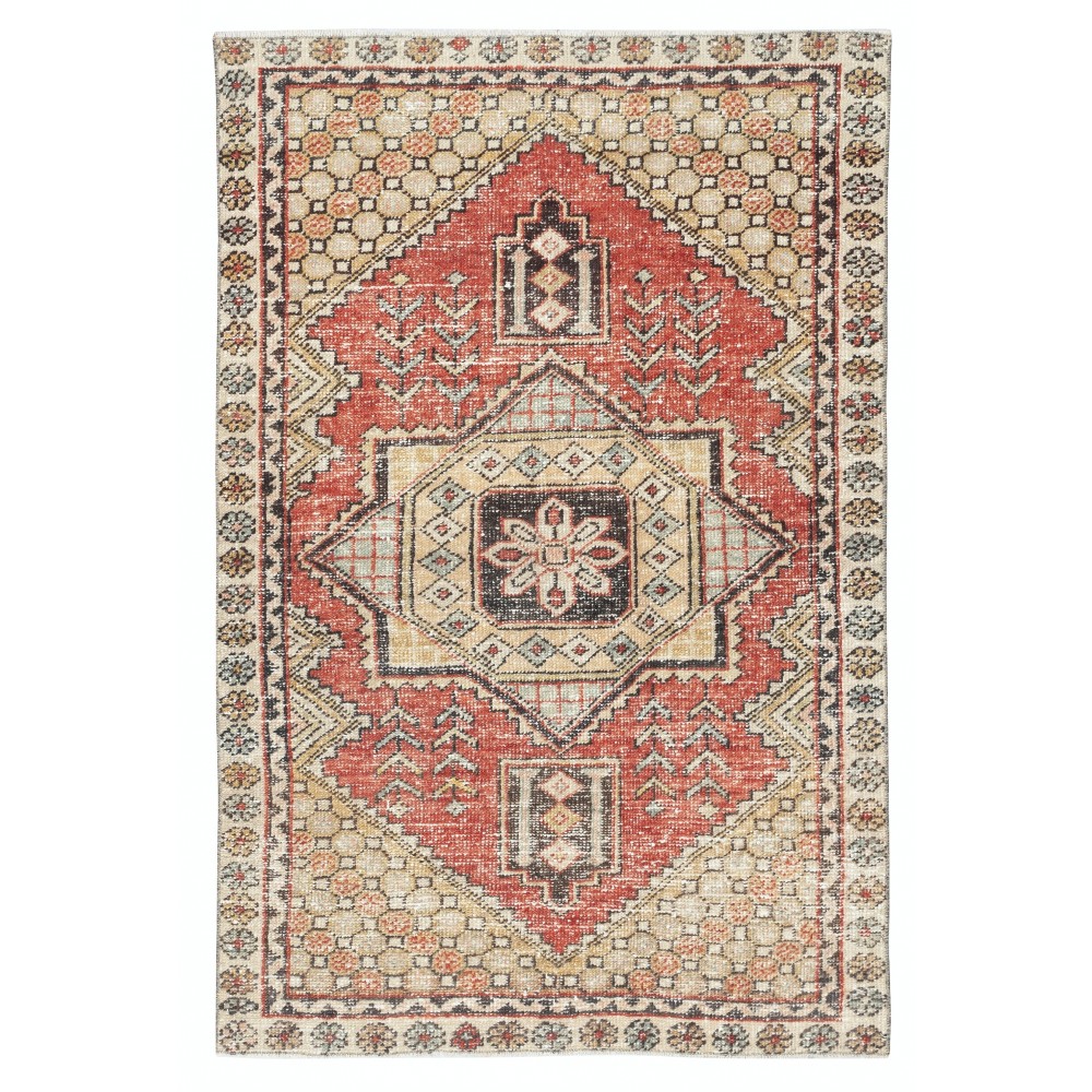 Vintage Turkish Accent Rug. Hand-Knotted in Turkey. Beige and Red Colors
