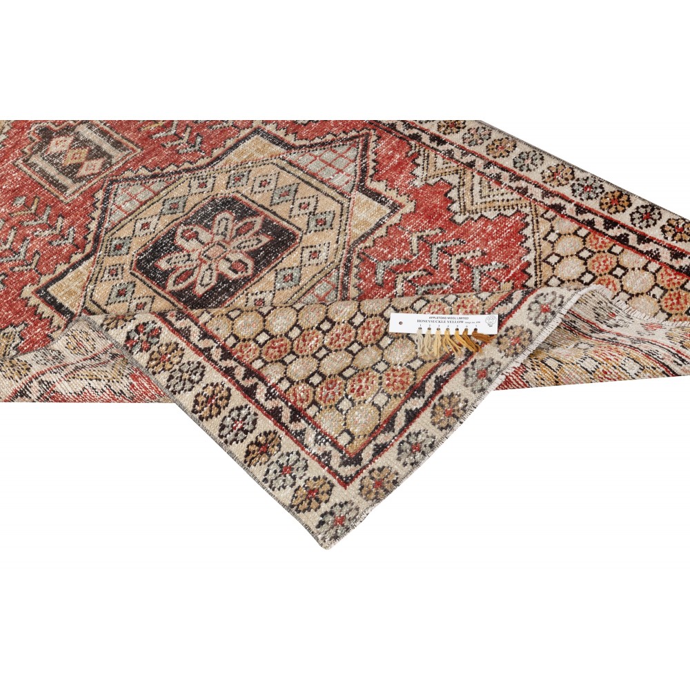 Vintage Turkish Accent Rug. Hand-Knotted in Turkey. Beige and Red Colors