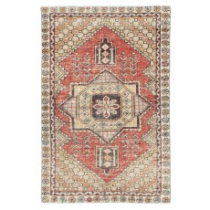 Vintage Turkish Accent Rug. Hand-Knotted in Turkey. Beige and Red Colors