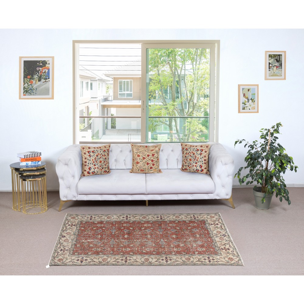 Vintage Handmade Turkish Red Wool Accent Rug with Floral Design for Home and Office Decor