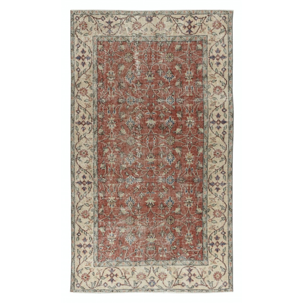 Vintage Handmade Turkish Red Wool Accent Rug with Floral Design for Home and Office Decor