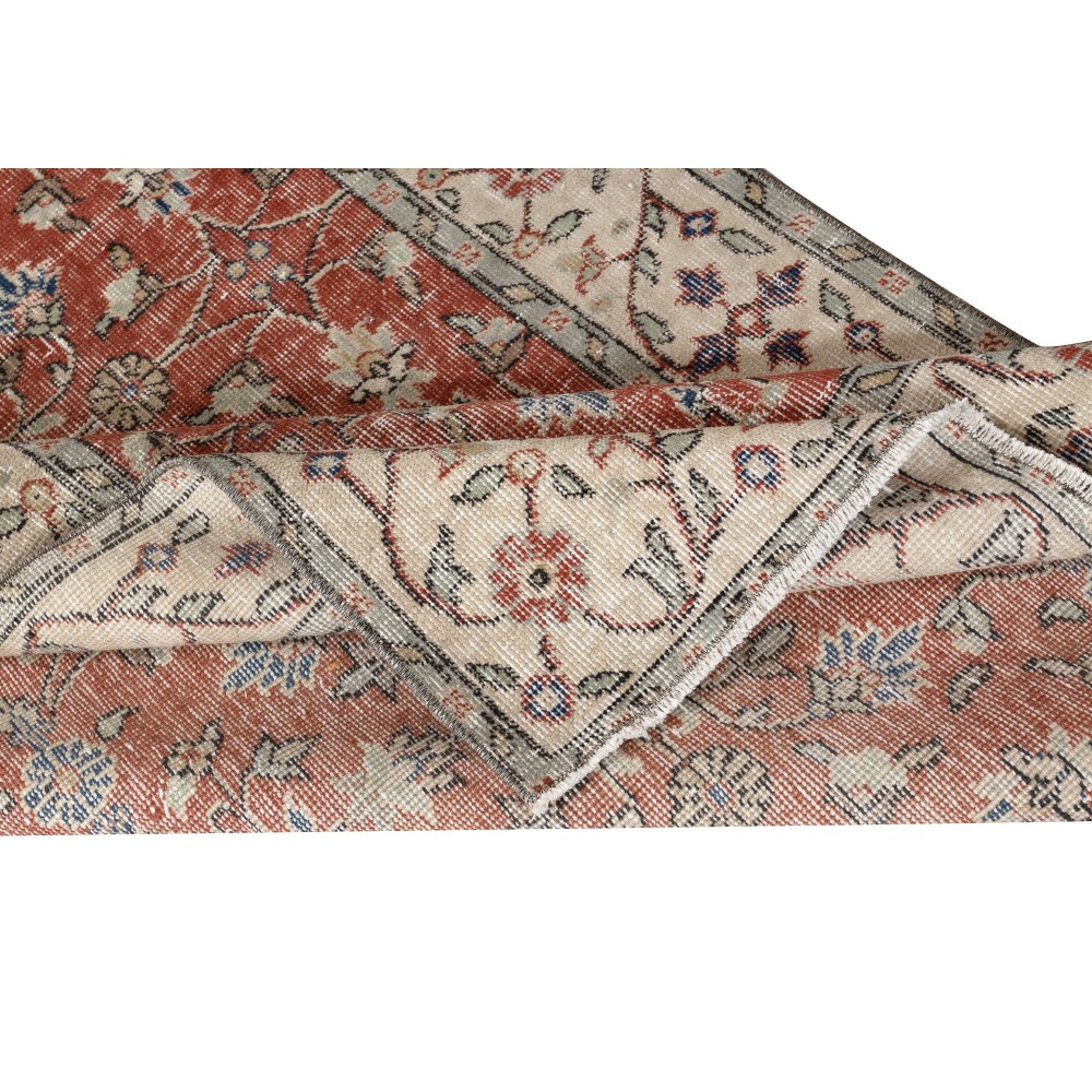 Vintage Handmade Turkish Red Wool Accent Rug with Floral Design for Home and Office Decor