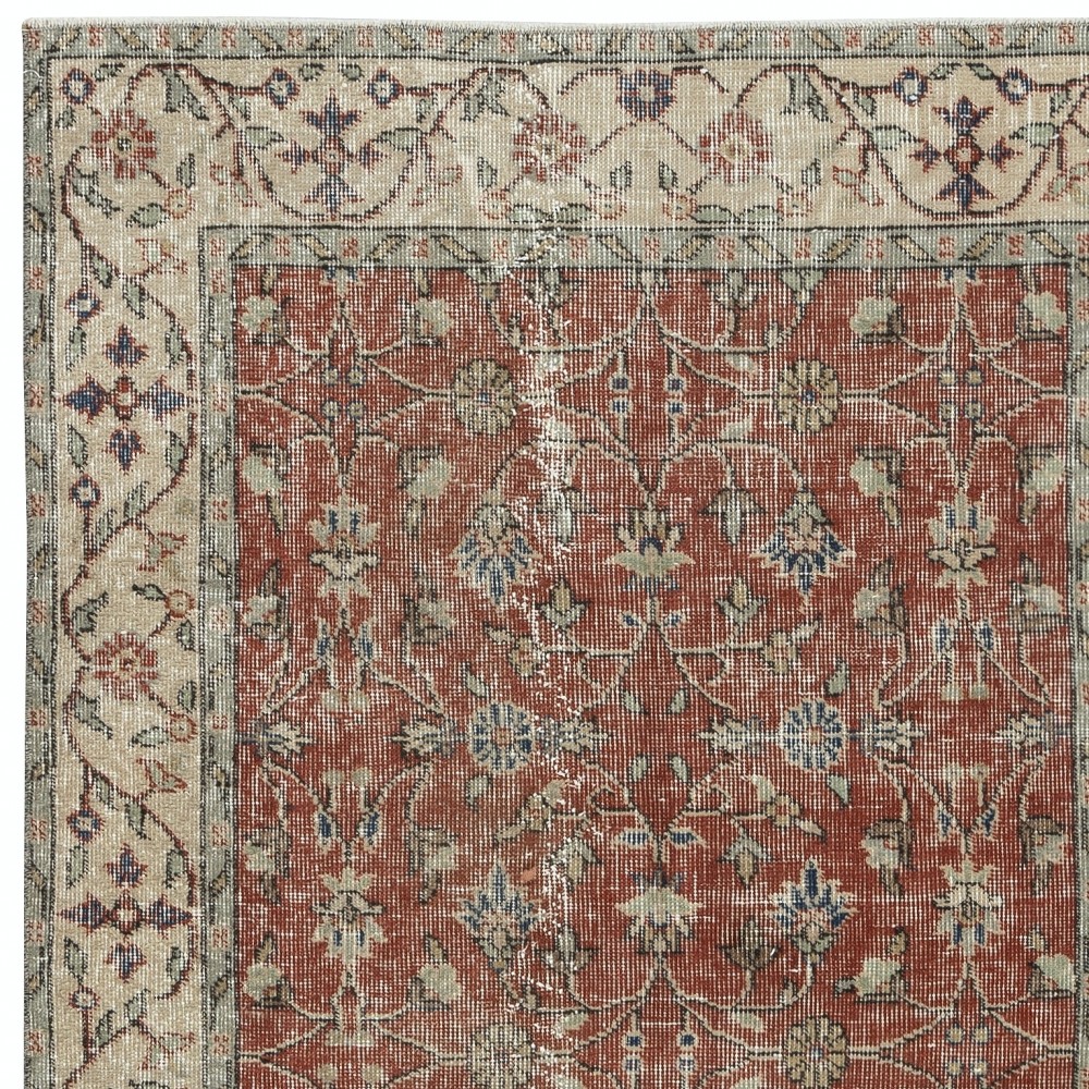 Vintage Handmade Turkish Red Wool Accent Rug with Floral Design for Home and Office Decor