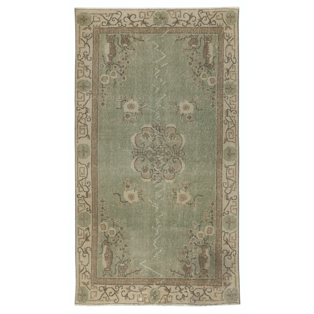 Vintage Green Area Rug with Chinese Art Deco Design. Hand-knotted in Turkey Vintage Green Area Rug with Chinese Art Deco Design. Hand-knotted in Turkey