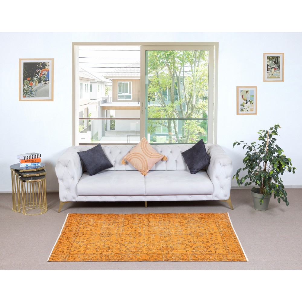 Orange Overdyed Vintage Turkish Area Rug. Hand-Knotted Wool Carpet for Modern Interiors Orange Overdyed Vintage Turkish Area Rug. Hand-Knotted Wool Carpet for Modern Interiors