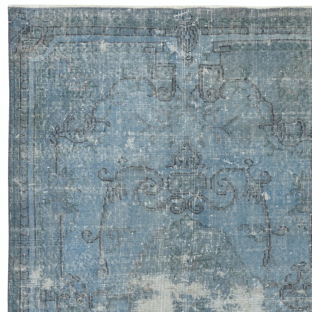 Hand-knotted Vintage Turkish Wool Area Rug Overdyed in Blue color for Modern Interiors