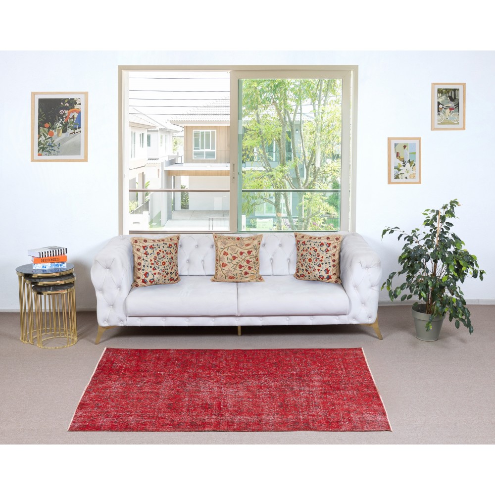Vintage Handmade Turkish Wool Area Rug Overdyed in Red for Contemporary Interiors Vintage Handmade Turkish Wool Area Rug Overdyed in Red for Contemporary Interiors
