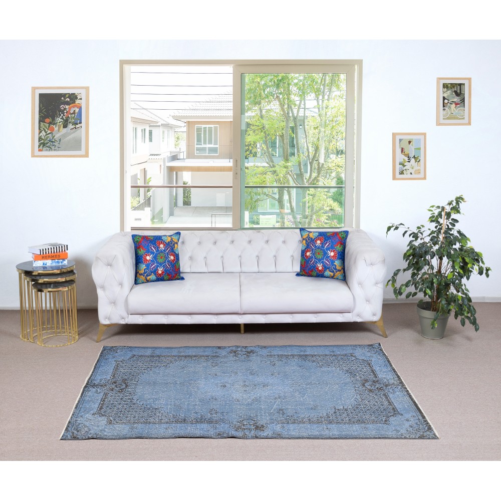 Vintage Handmade Turkish Wool Area Rug Redyed in Blue for Modern Interiors