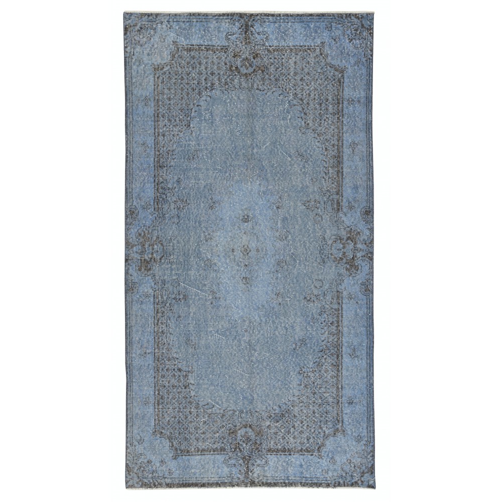 Vintage Handmade Turkish Wool Area Rug Redyed in Blue for Modern Interiors