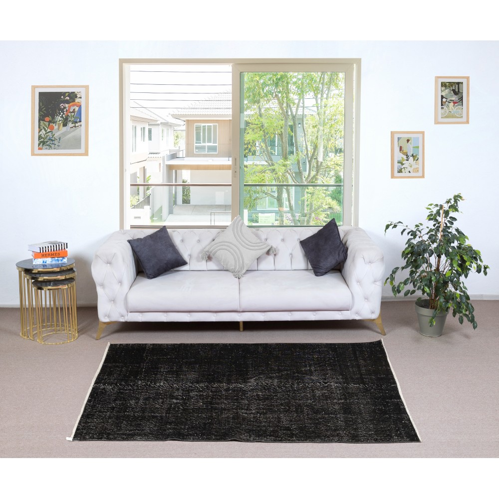 Vintage Wool Area Rug Overdyed in Black for Modern Interiors. Hand-knotted in Turkey Vintage Wool Area Rug Overdyed in Black for Modern Interiors. Hand-knotted in Turkey