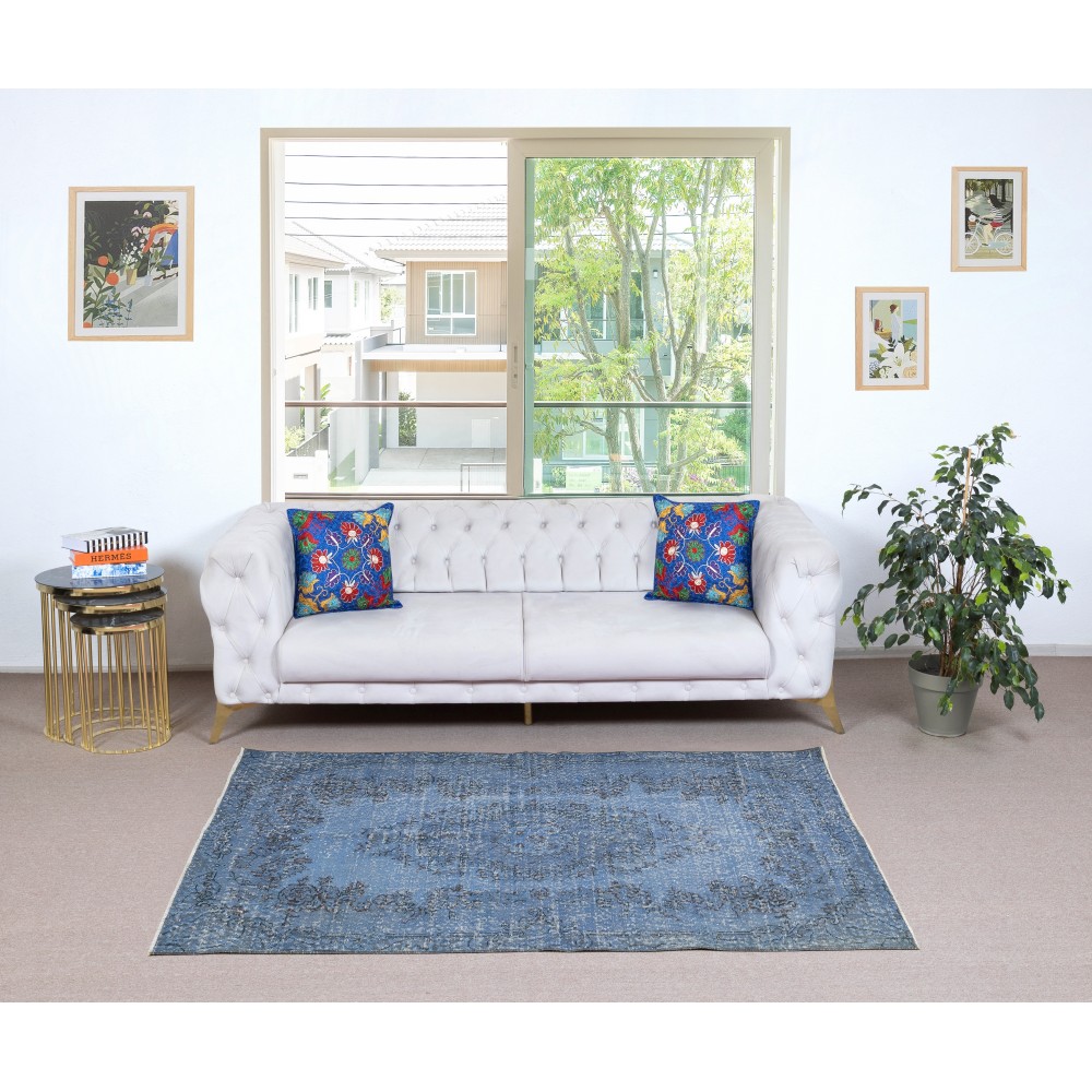 Overdyed Blue Wool Rug. Handmade Turkish Vintage Area Rug for Living Room