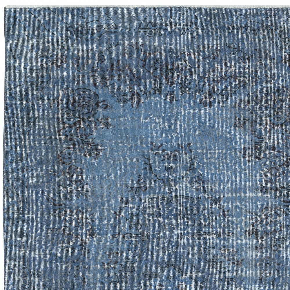 Overdyed Blue Wool Rug. Handmade Turkish Vintage Area Rug for Living Room