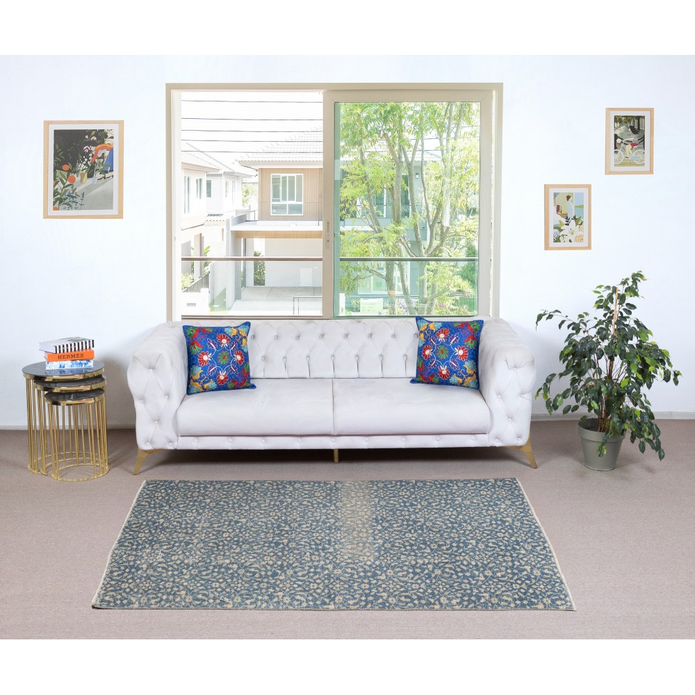 Vintage Handmade Turkish Blue Wool Accent Rug with Floral Design for Home and Office Decor