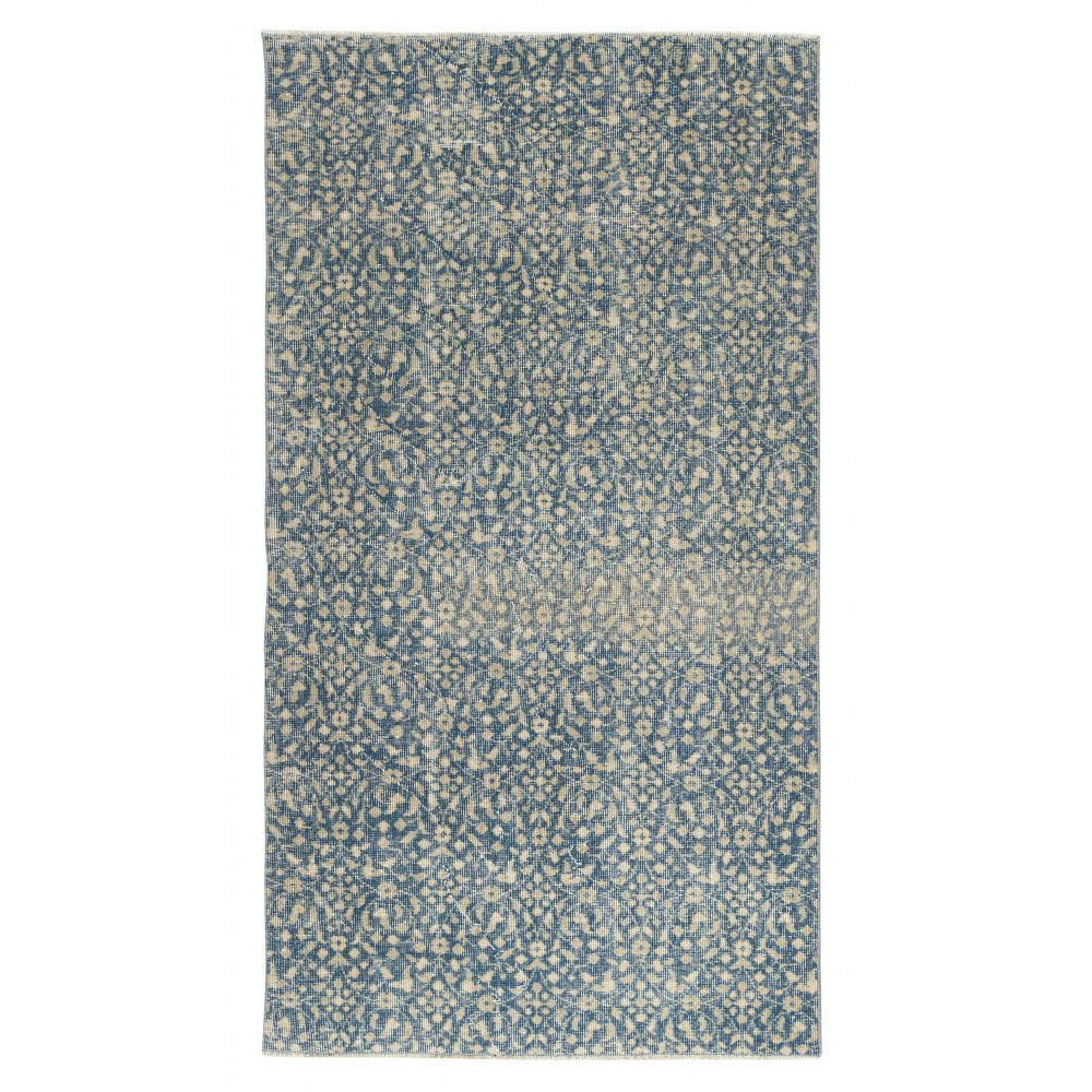 Vintage Handmade Turkish Blue Wool Accent Rug with Floral Design for Home and Office Decor