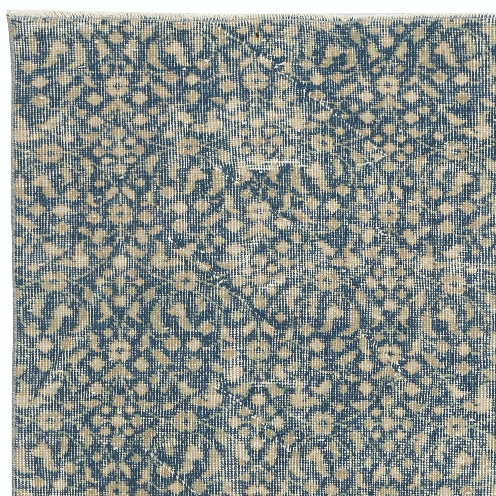 Vintage Handmade Turkish Blue Wool Accent Rug with Floral Design for Home and Office Decor