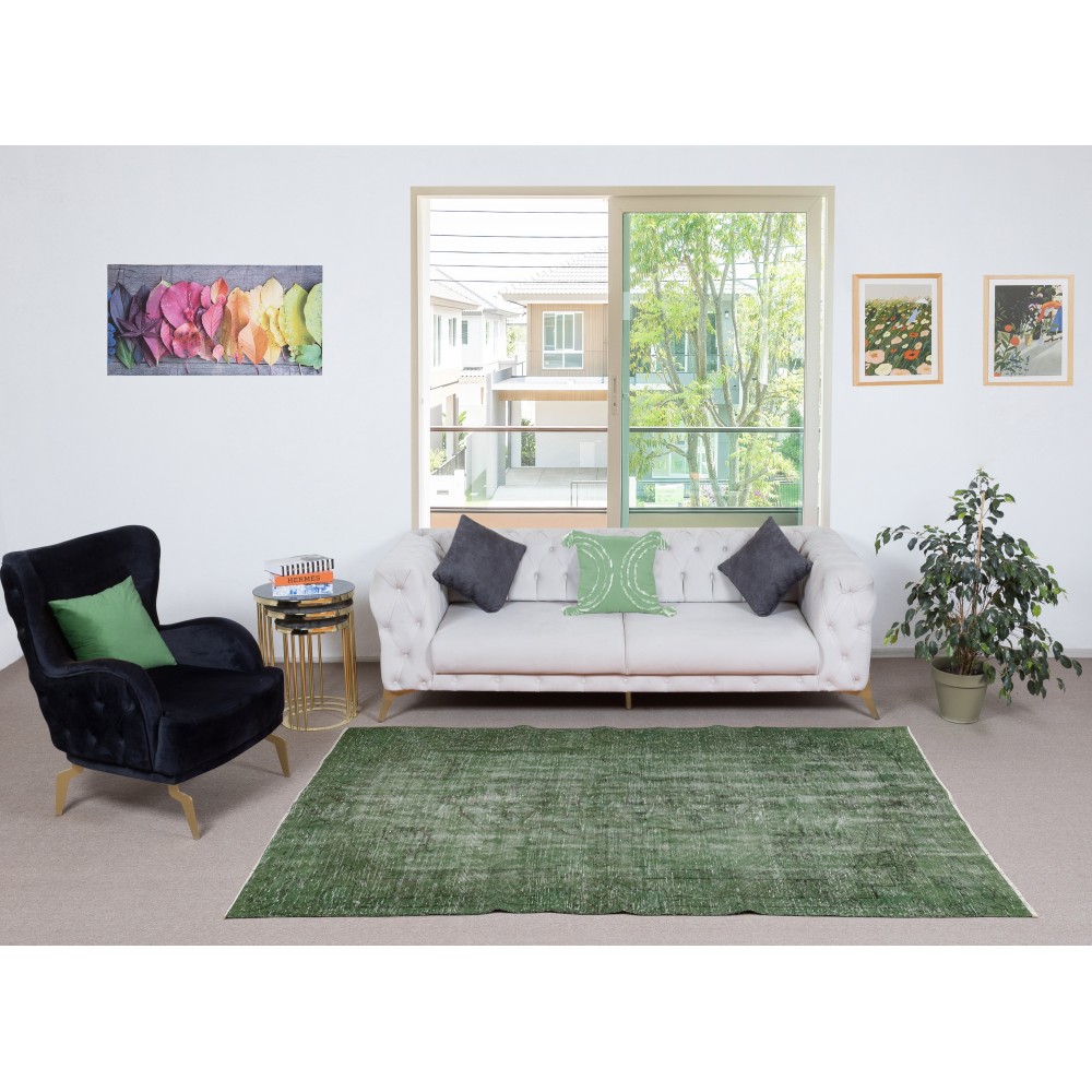 Handmade Turkish Wool Area Rug. Vintage Overdyed Green Rug for Modern Home Handmade Turkish Wool Area Rug. Vintage Overdyed Green Rug for Modern Home