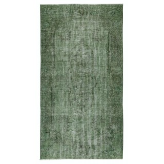 Handmade Turkish Wool Area Rug. Vintage Overdyed Green Rug for Modern Home