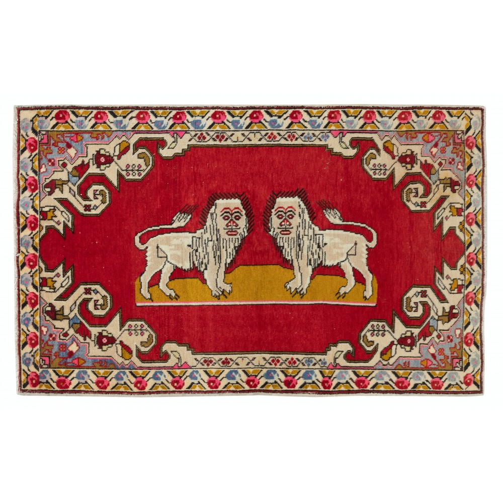 Vintage Lion Pictorial Pattern Rug, Red Tapestry, Hand Knotted in Turkey, 100% Soft Wool