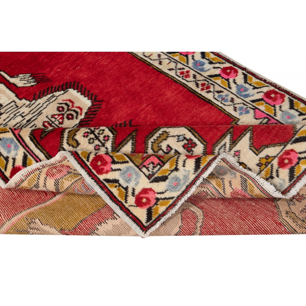 Vintage Lion Pictorial Pattern Rug, Red Tapestry, Hand Knotted in Turkey, 100% Soft Wool