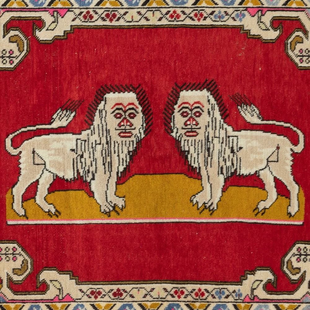 Vintage Lion Pictorial Pattern Rug, Red Tapestry, Hand Knotted in Turkey, 100% Soft Wool