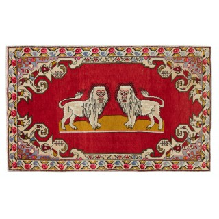 Vintage Lion Pictorial Pattern Rug, Red Tapestry, Hand Knotted in Turkey, 100% Soft Wool