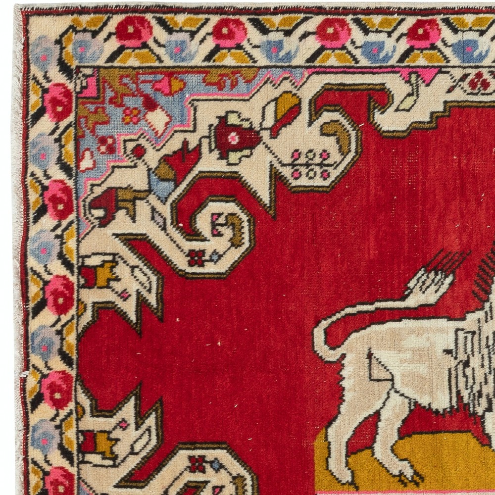 Vintage Lion Pictorial Pattern Rug, Red Tapestry, Hand Knotted in Turkey, 100% Soft Wool