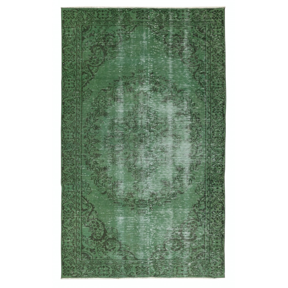 Vintage Wool Area Rug Overdyed in Green for Modern Interiors. Handmade in Turkey Vintage Wool Area Rug Overdyed in Green for Modern Interiors. Handmade in Turkey