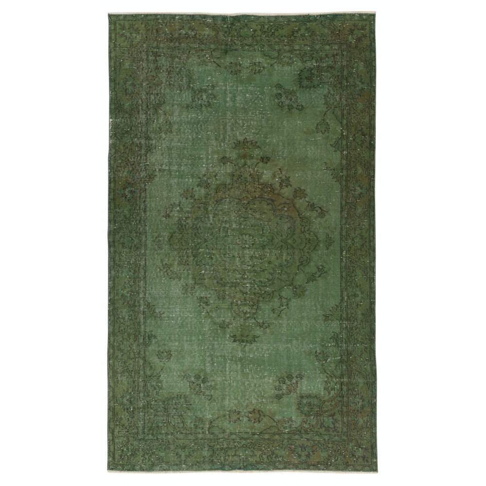 Hand-knotted Vintage Turkish Wool Area Rug Overdyed in Green for Modern Interiors Hand-knotted Vintage Turkish Wool Area Rug Overdyed in Green for Modern Interiors