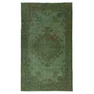 Hand-knotted Vintage Turkish Wool Area Rug Overdyed in Green for Modern Interiors